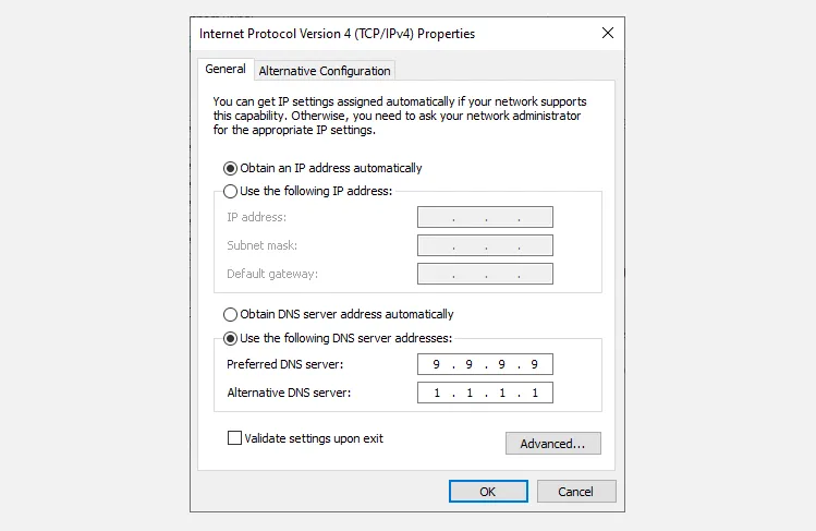 إعدادات DNS مخصصة في ويندوز 10.