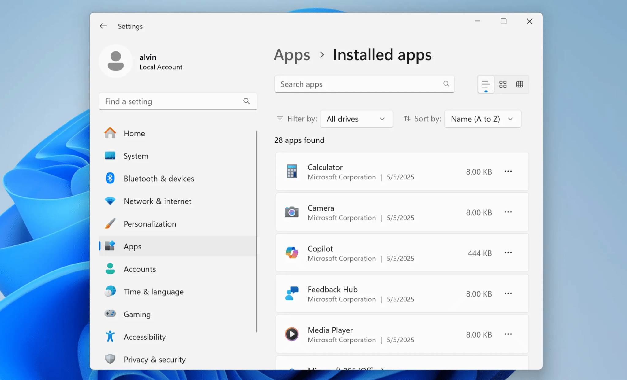 تطبيق إعدادات Windows 11 يعرض قائمة التطبيقات المثبتة