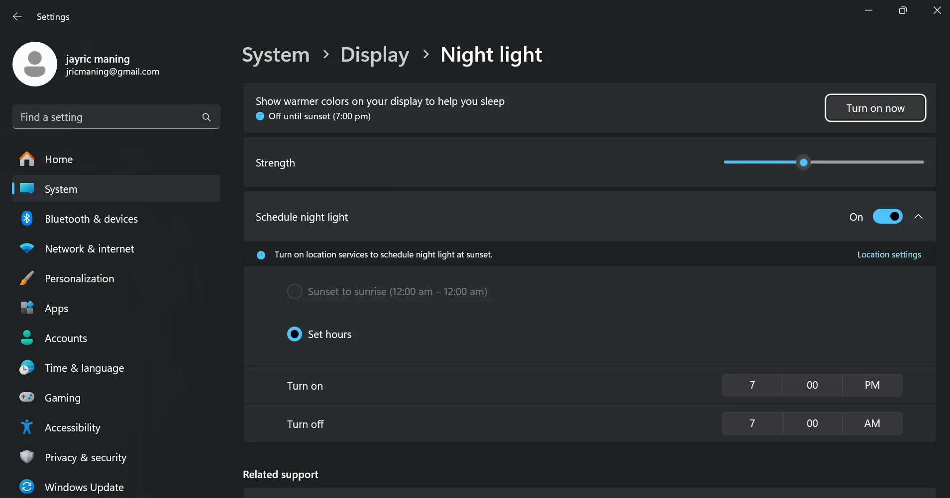 إعداد خاصية الضوء الليلي في نظام ويندوز