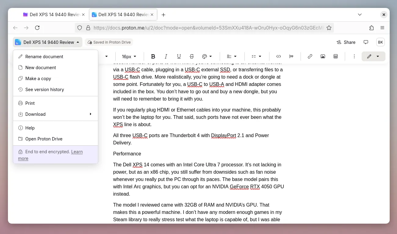 Editing a document using Docs in Proton Drive.