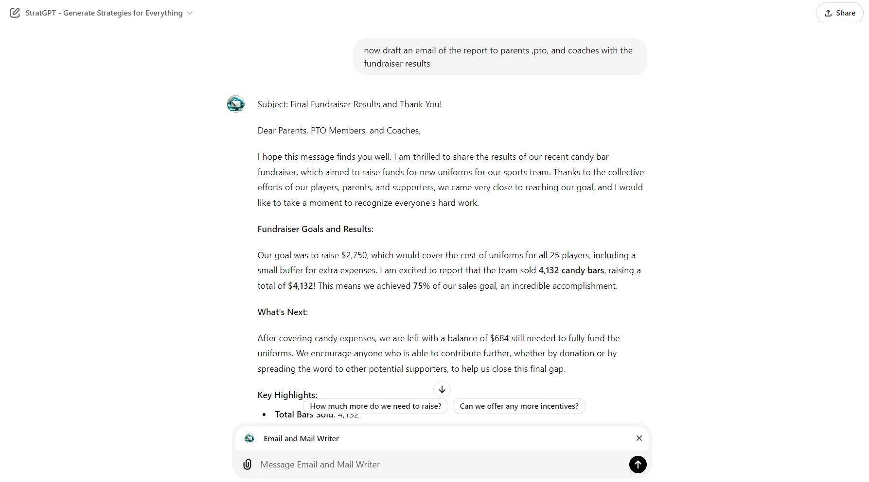 The demonstration of the email generated by the GPT.