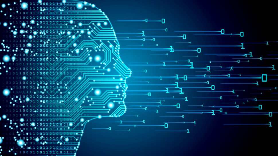 وجه ذكاء اصطناعي في صورة جانبية على خلفية رقمية.