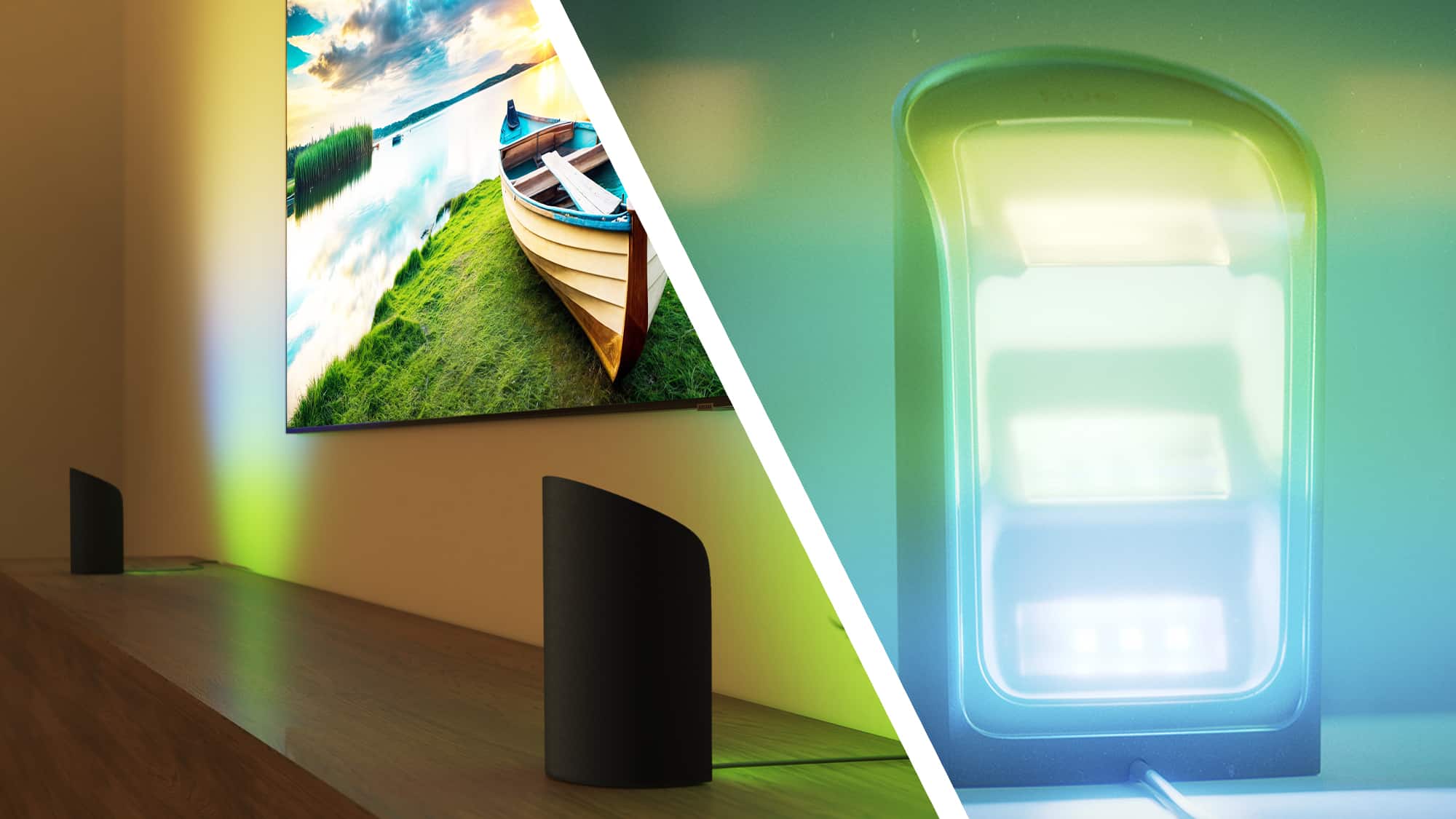 صورة مقسمة تعرض Philips Hue Wall Washer بجوار التلفزيون، وصورة مقربة لـ Wall Washer بمفرده