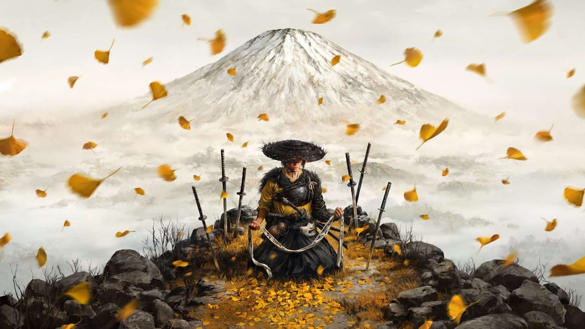 Atsu kneels holding a chain weapon, as yellow leaves fly all around her