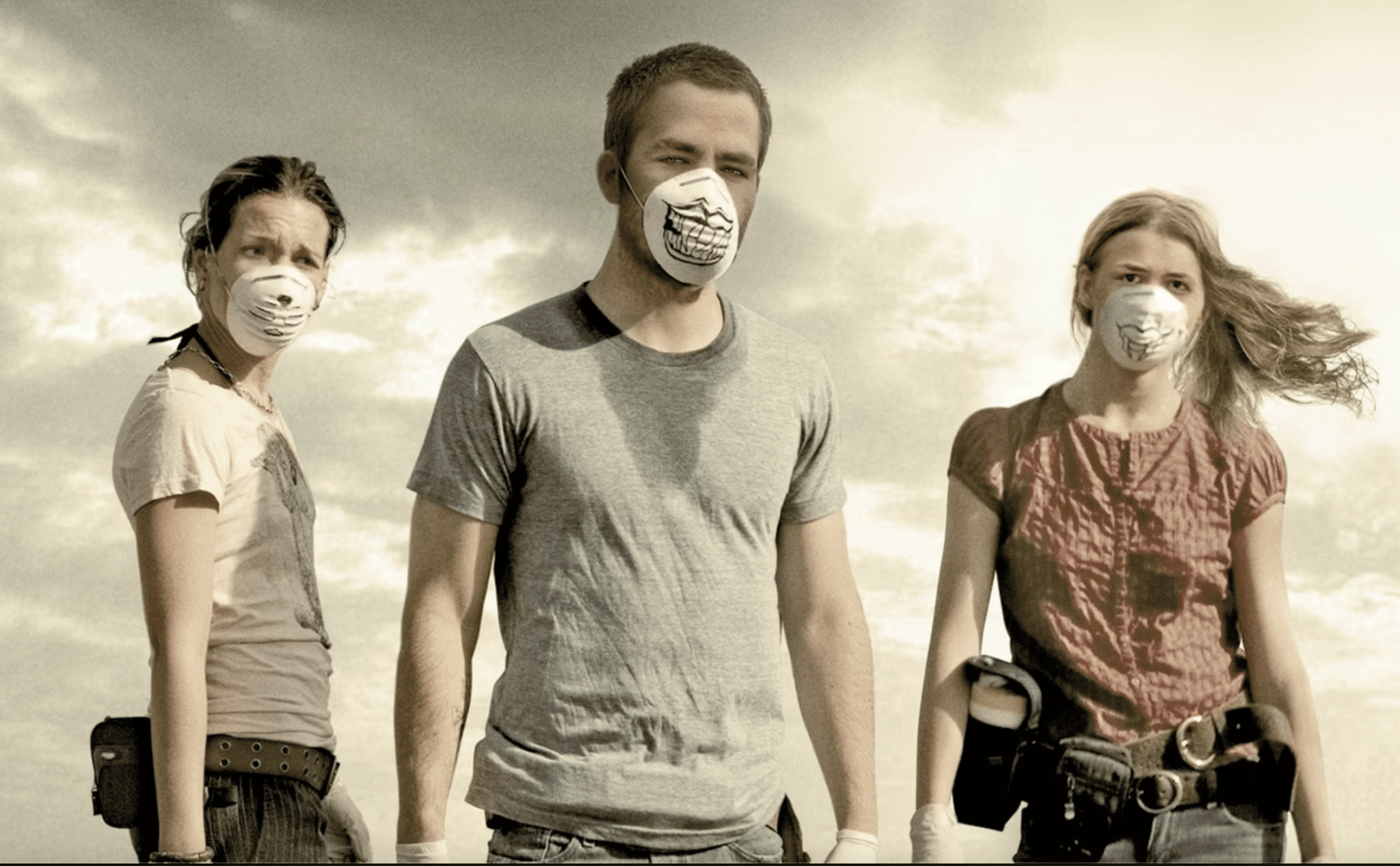 غلاف فيلم Carriers يظهر ثلاثة أشخاص يرتدون أقنعة وجه