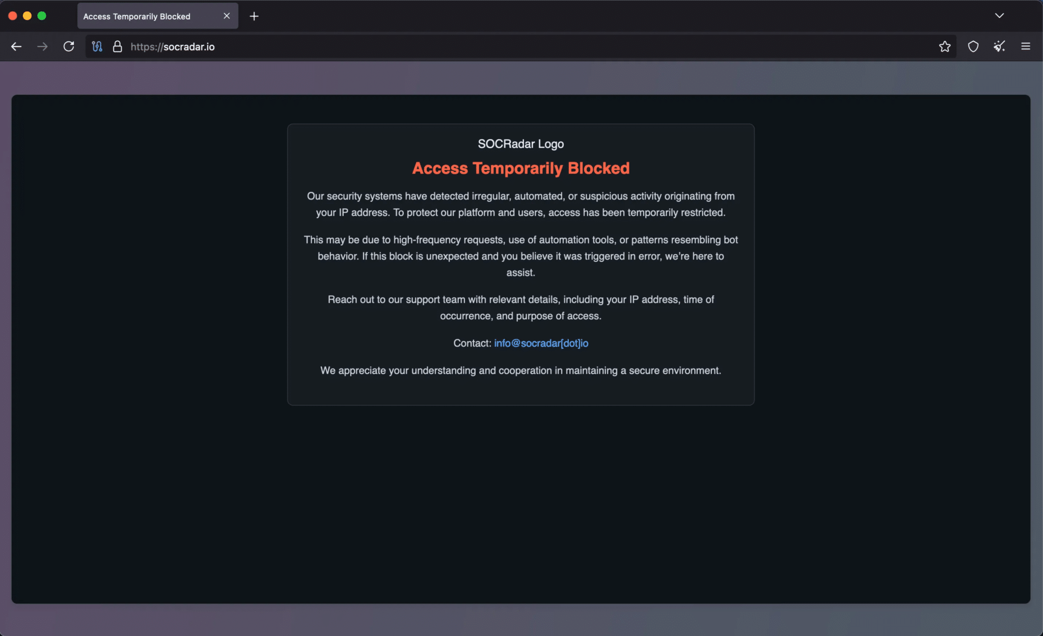 A restriction banner from socradar.io while accessing using Tor