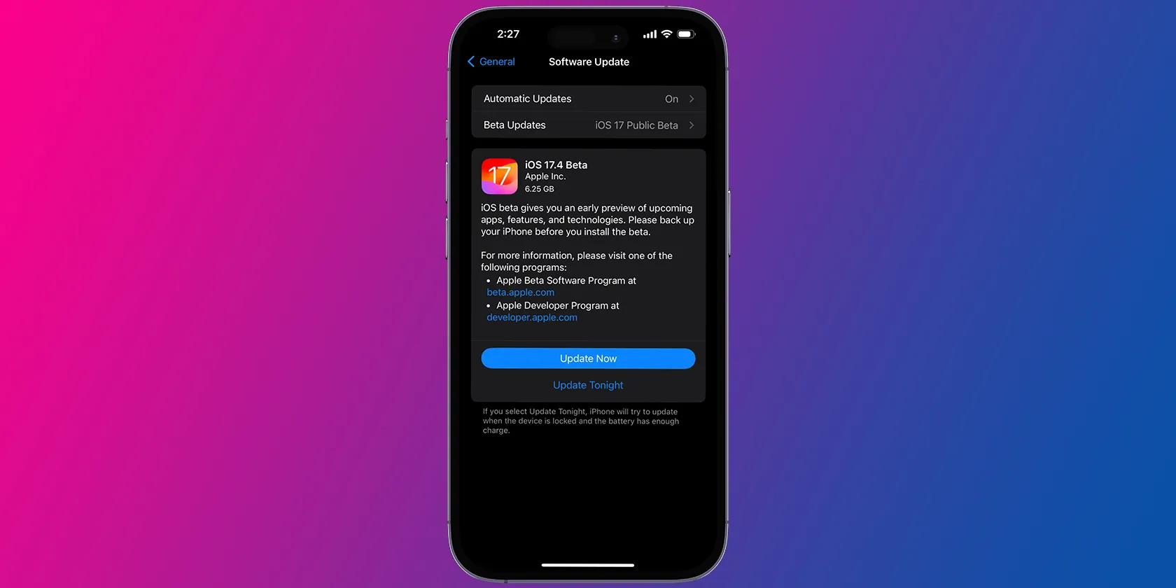 An iPhone showing the iOS 17.4 software update screen