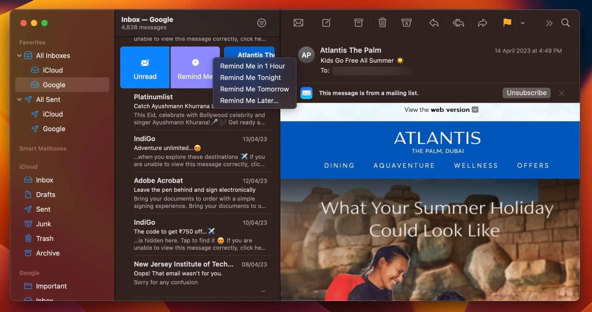 Screenshot of a user swiping on an email to set a reminder