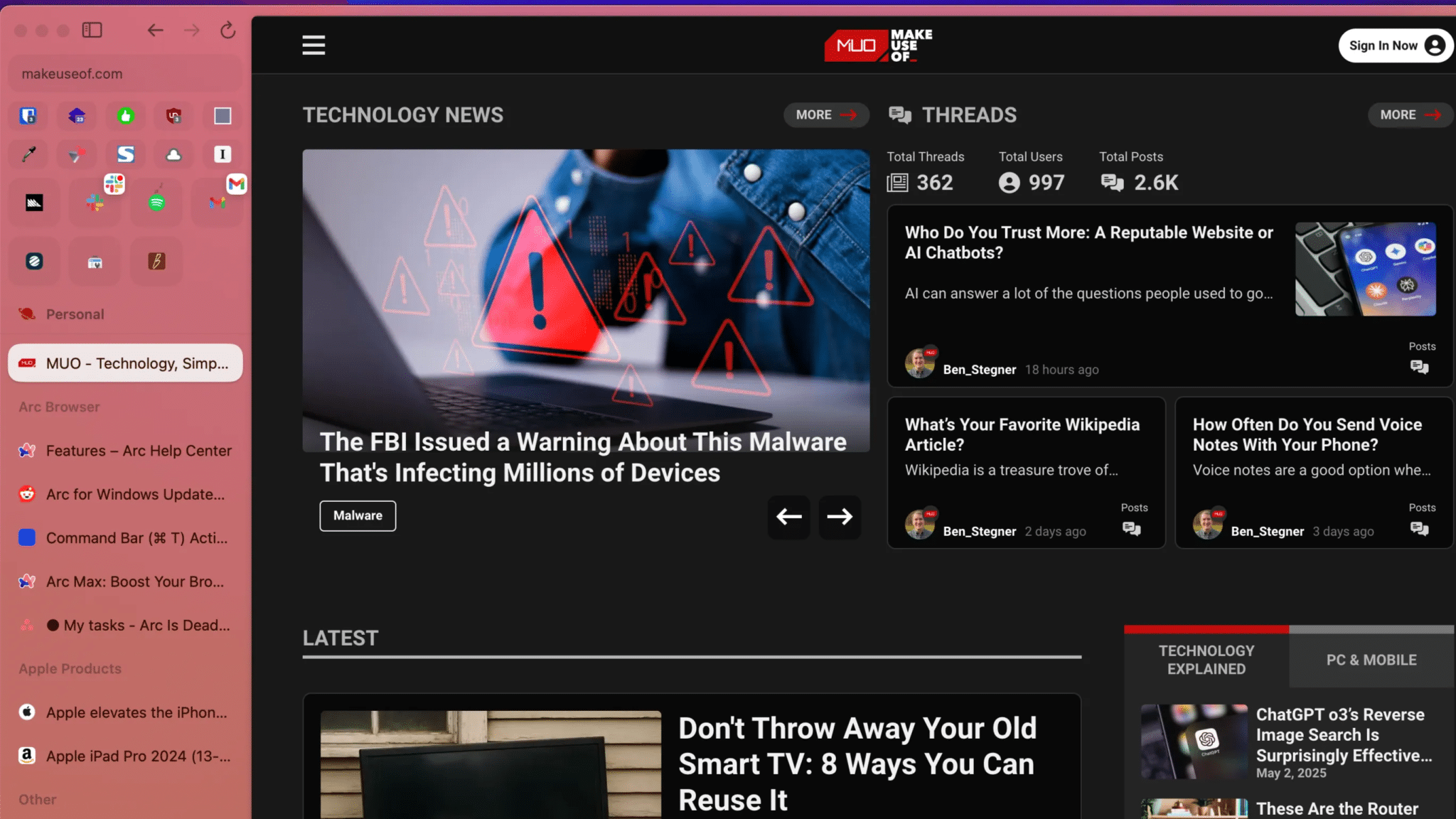 شريط Arc الجانبي يعرض علامات التبويب منظمة في مجلدات