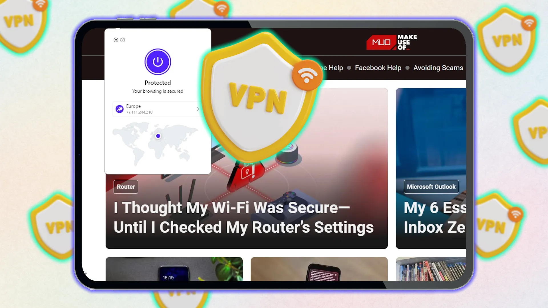 browser vpn on tablet screen with website background.