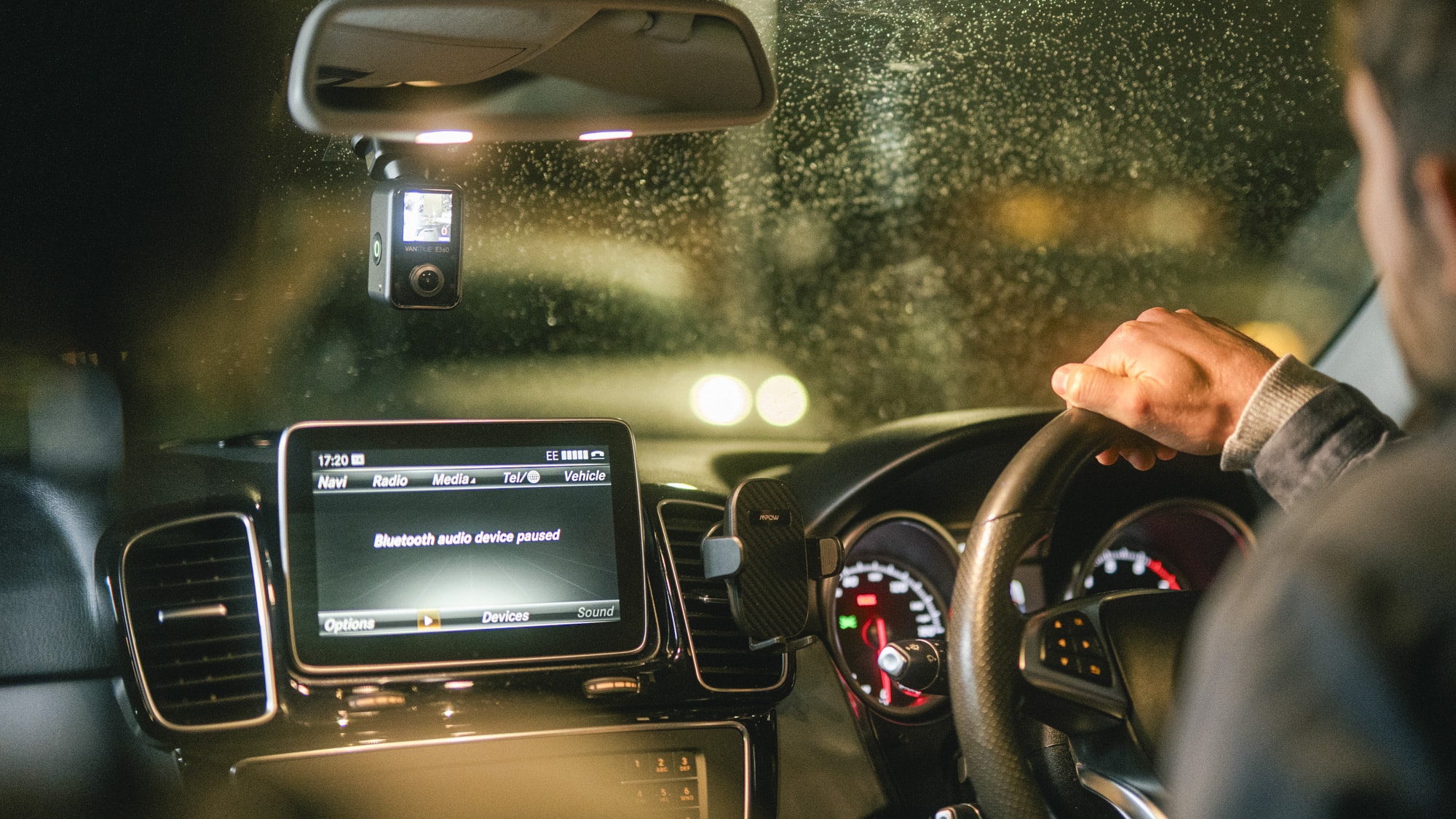 Vantrue E360 dash cam on a car windscreen