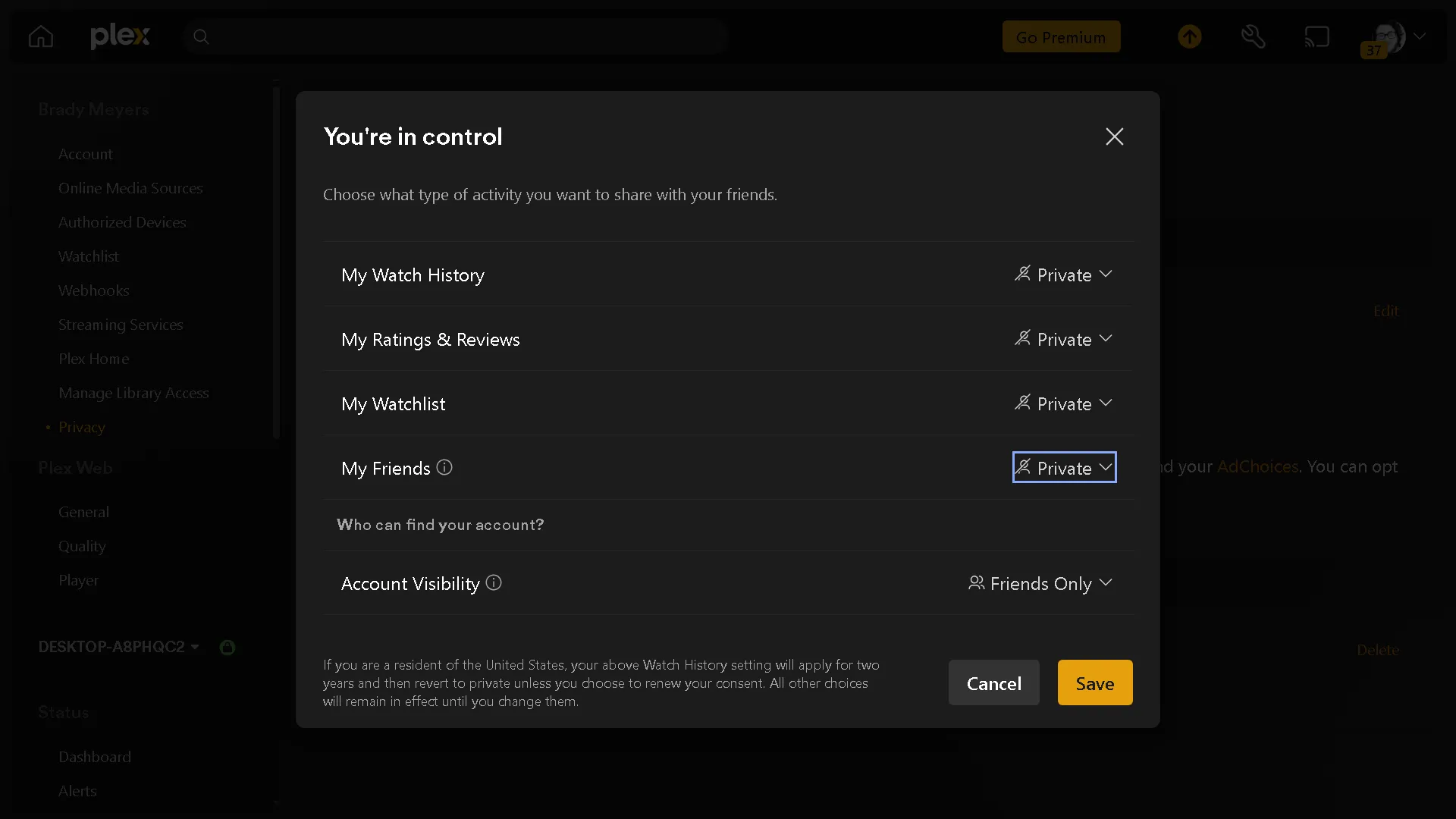 تغيير إعدادات الخصوصية في صفحة الخصوصية في Plex