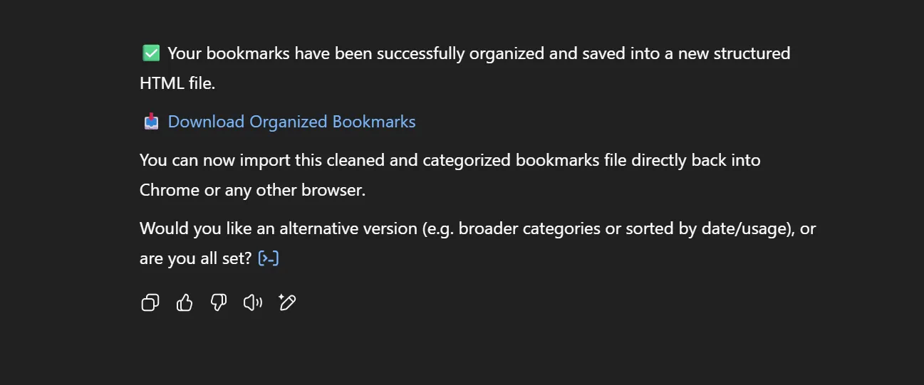 ChatGPT Organized Bookmarks Message