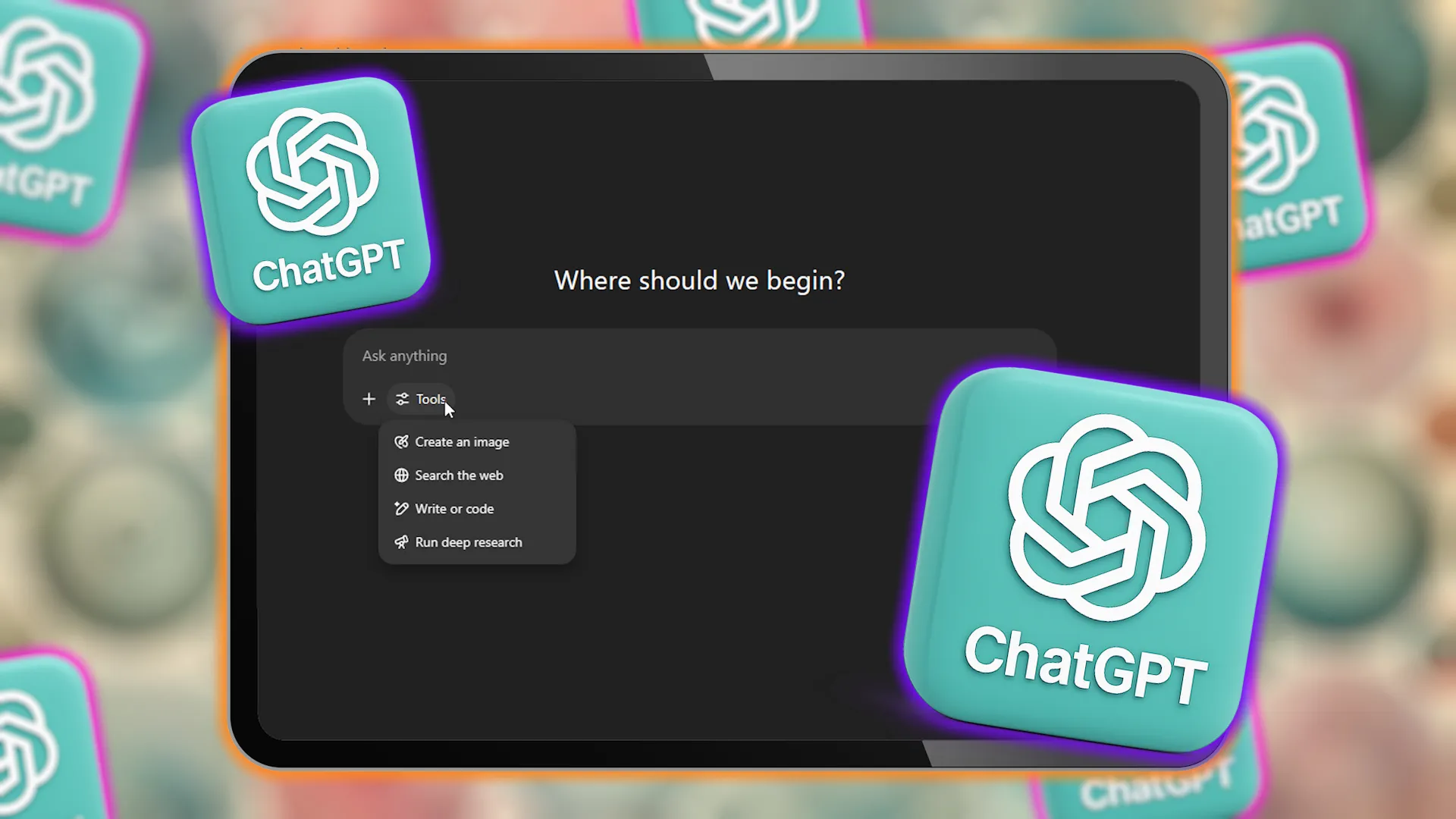 شريط بحث ChatGPT على شاشة جهاز لوحي مع مربعات شعار ChatGPT.
