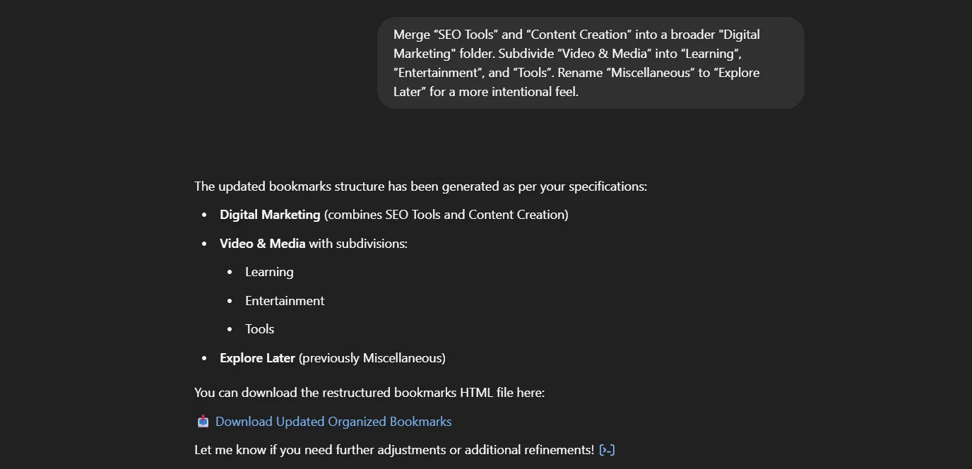 ChatGPT - Tweaking Bookmarks Organization