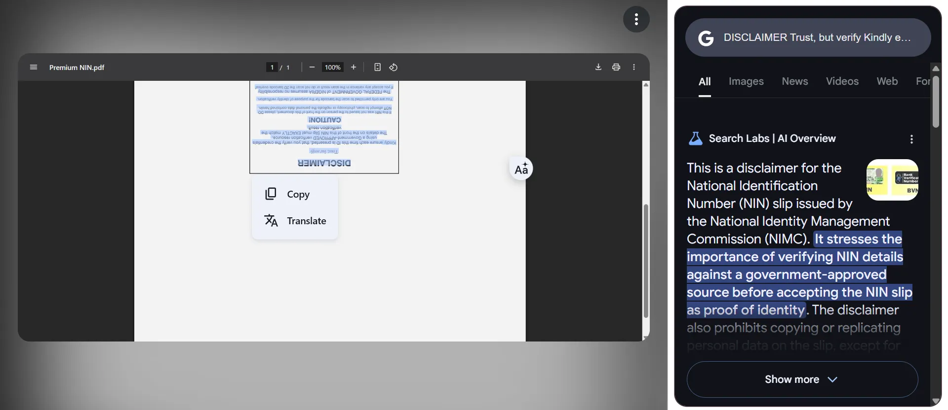 The results of a Google Lens search on my ID card