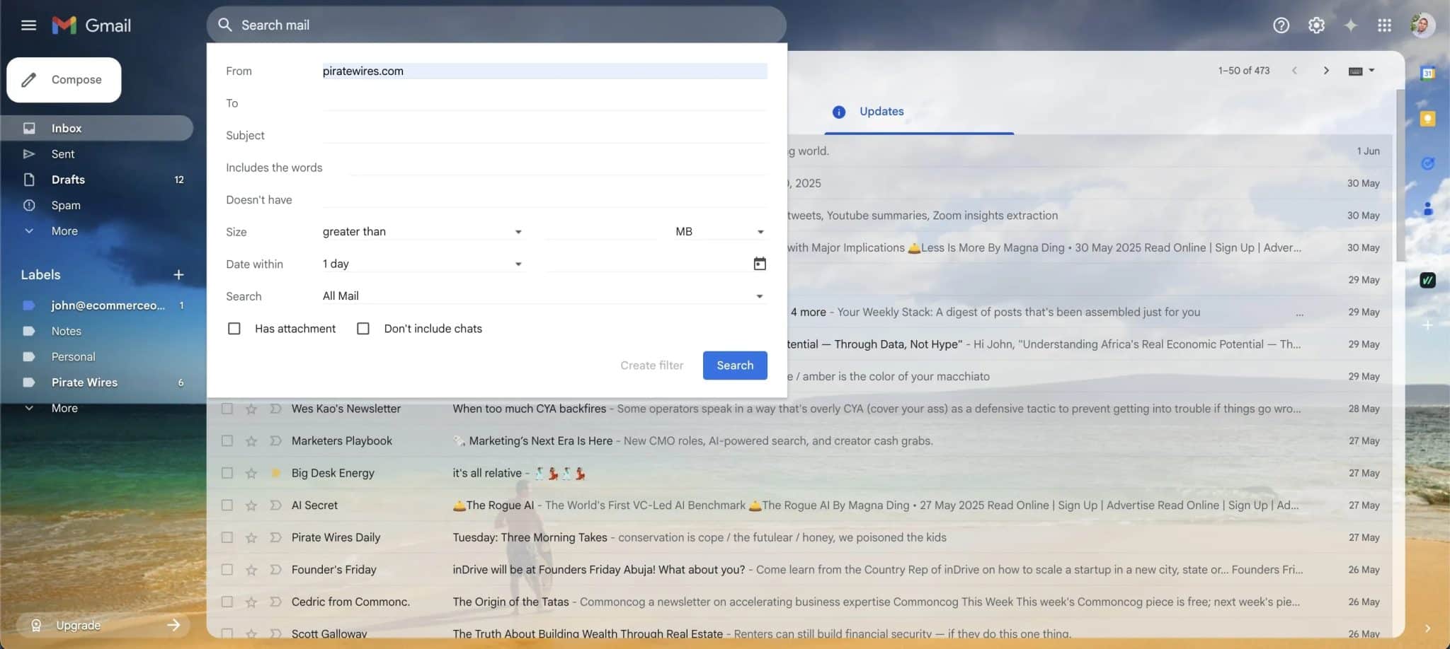 creating a search filter on gmail