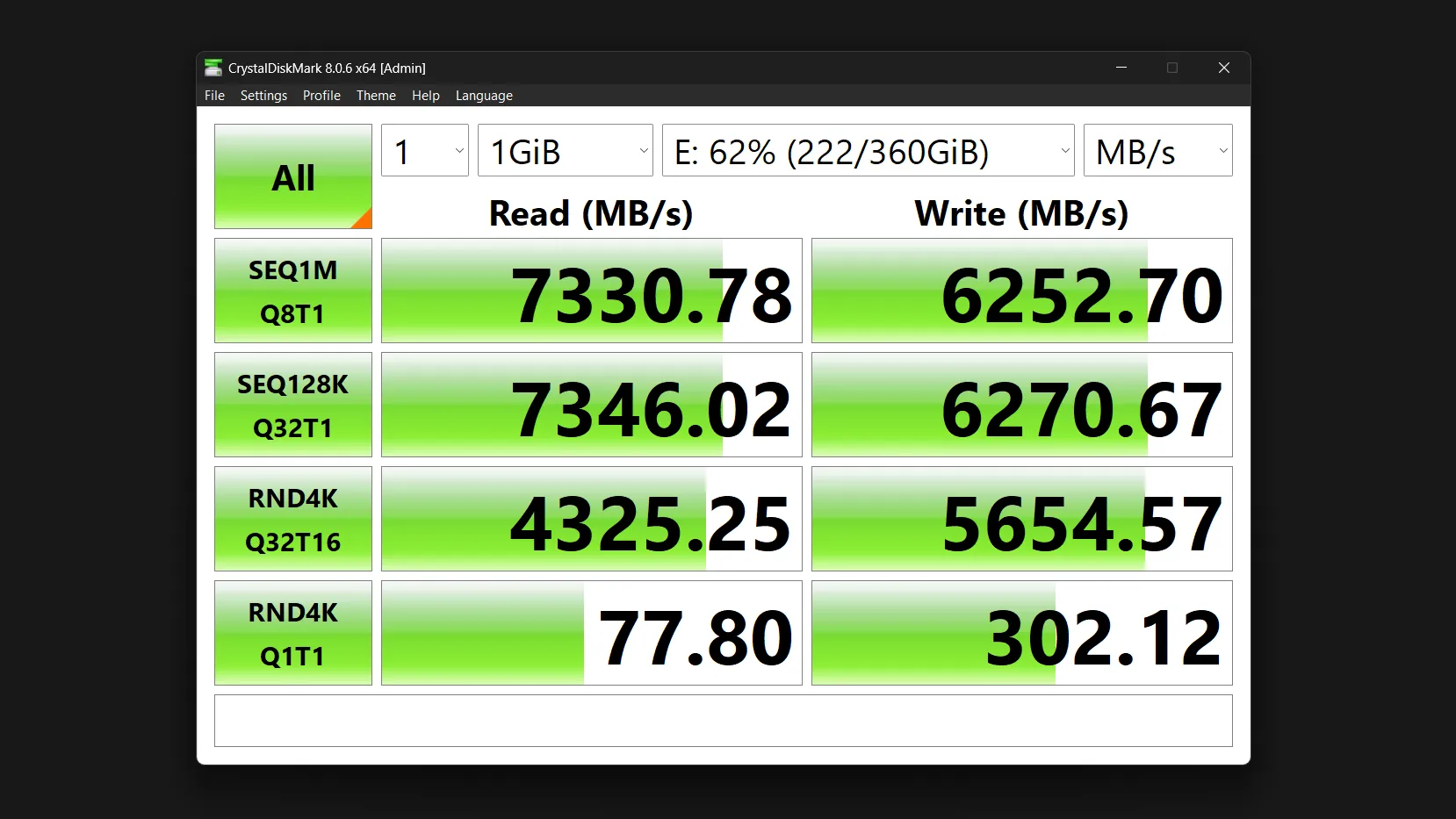 CrystalDiskMark showing read and write results for E drive.