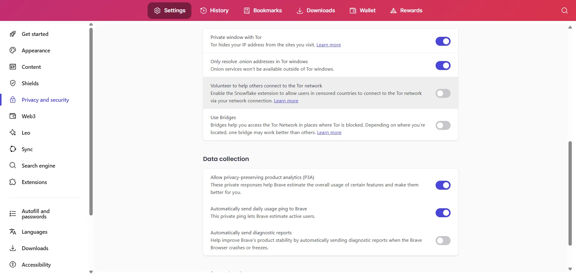 تمكين النوافذ الخاصة مع Tor في إعدادات Brave