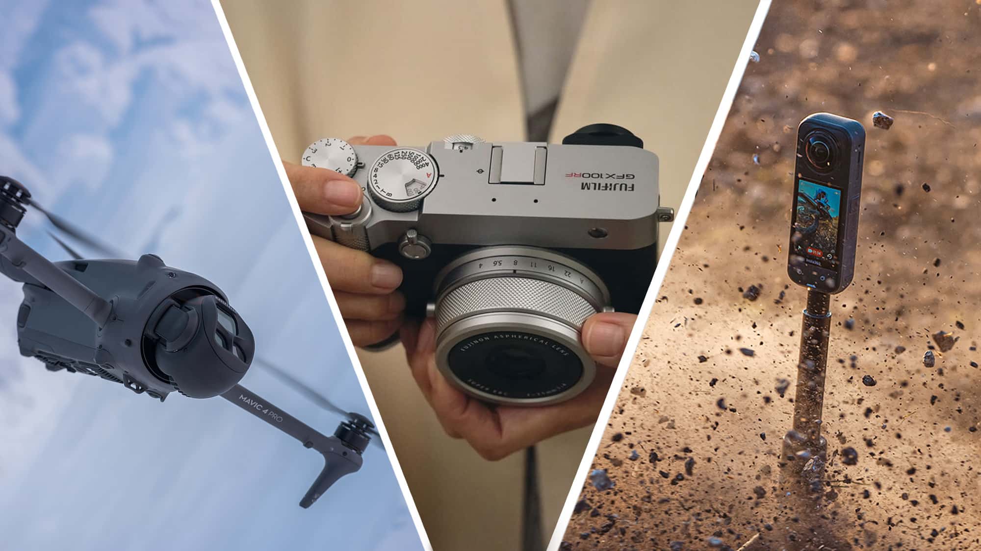 The DJI Mavic 4 Pro in flight, Fujifilm GFX100RF compact camera in the hand, and the Insta360 X5 amdist mud spray