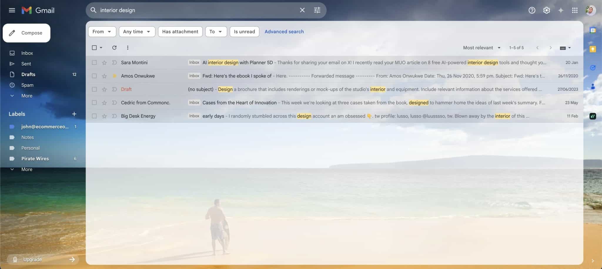 gmail basic search showing results for interior design