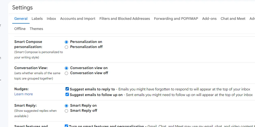 gmail nudges settings