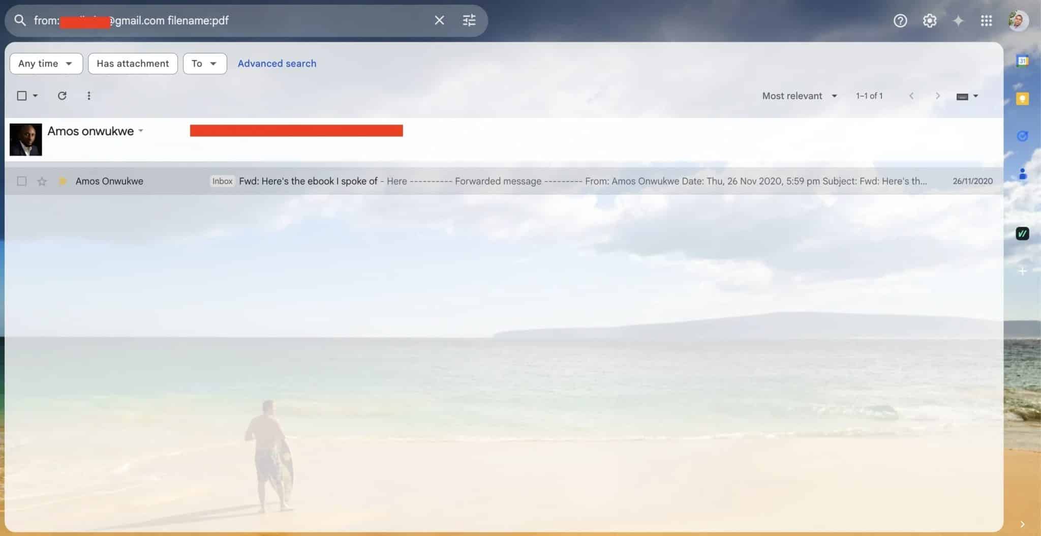 شريط بحث Gmail مع عنوان البريد الإلكتروني وعامل تشغيل الملف