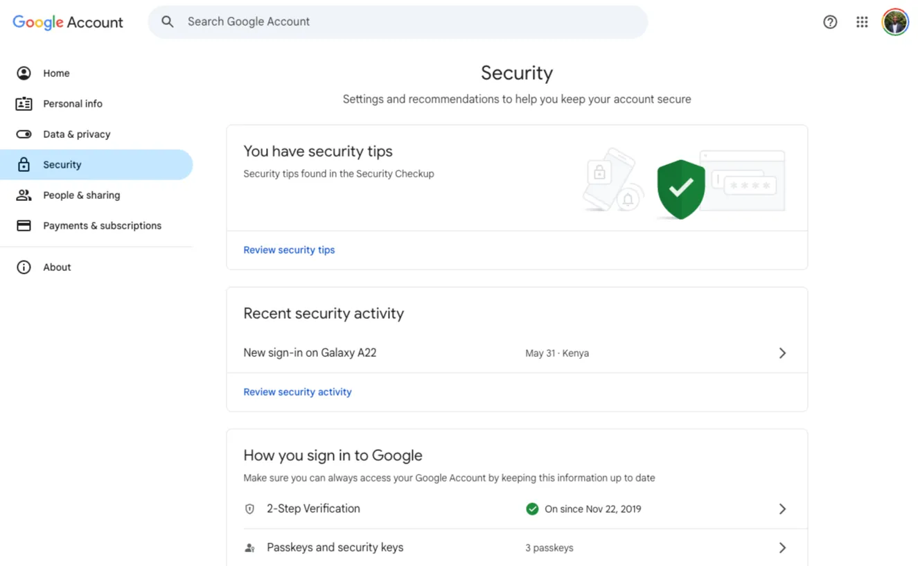 صفحة أمان حساب Google