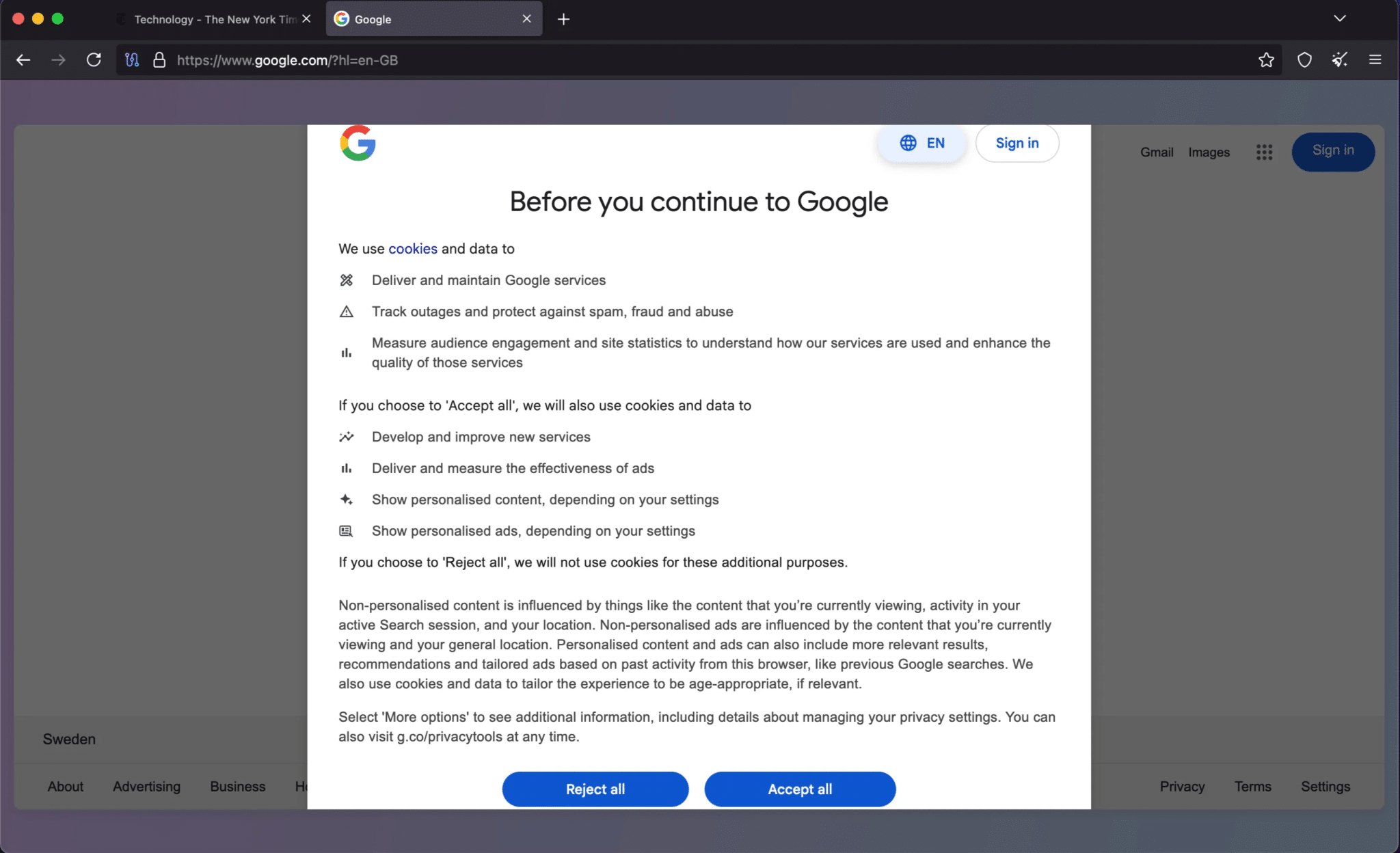 Google cookie consent banner in Tor