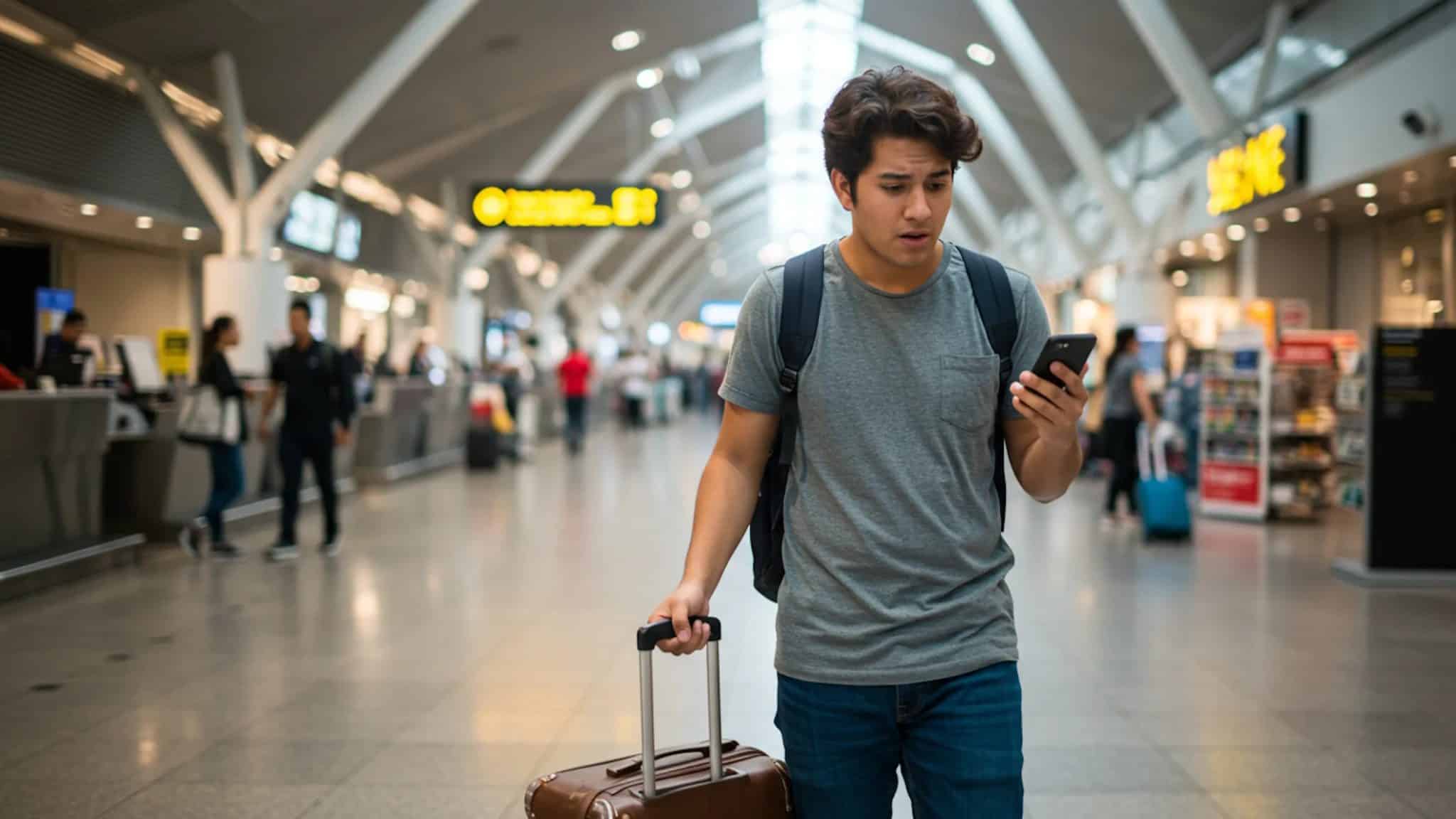 صبي مرتبك في مطار، يسحب حقيبة وينظر إلى هاتفه