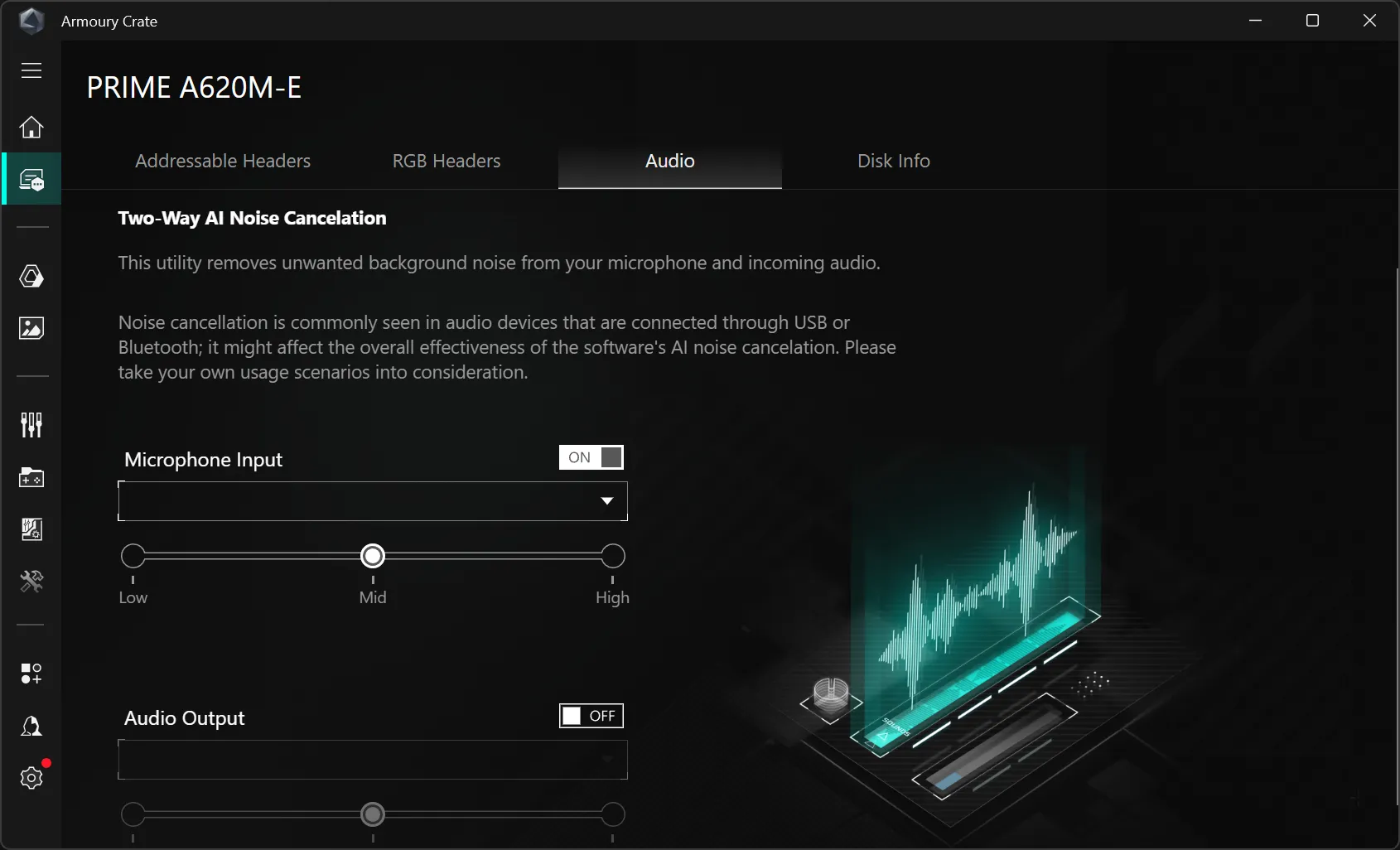 Input and Output toggles for AI noise cancellation in ASUS Armoury Crate.