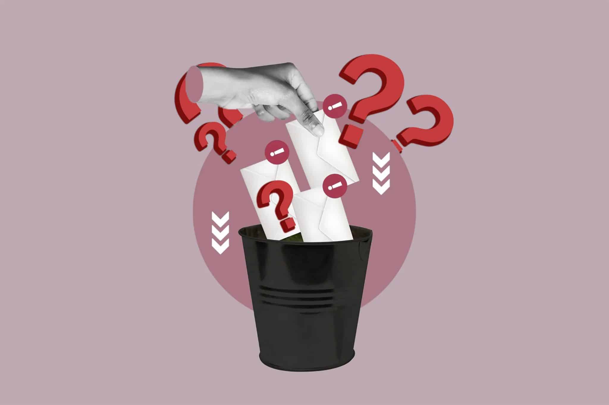 رسائل ملقاة في سلة المهملات مع علامات استفهام حولها