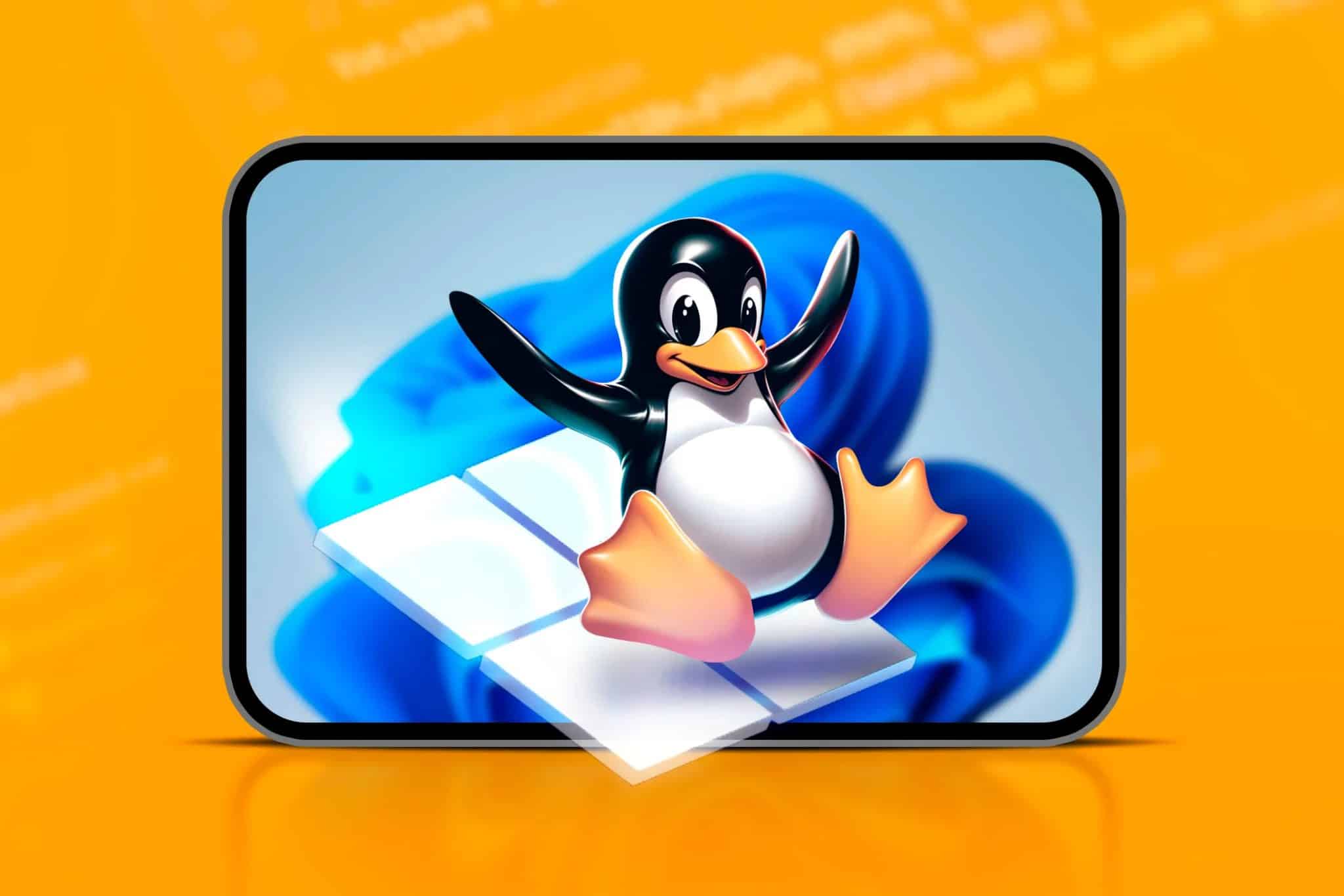 شعار Linux يخرج من شعار Windows وشاشة Windows 11 في الخلفية.