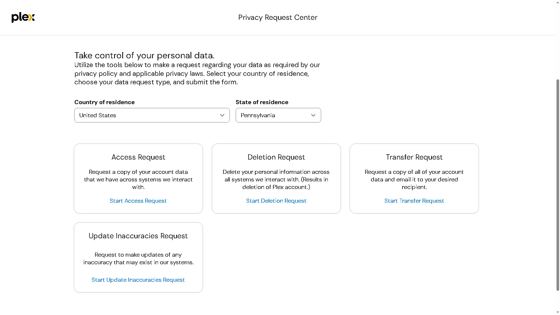 تقديم طلب حذف في مركز طلبات الخصوصية الخاص بـ Plex