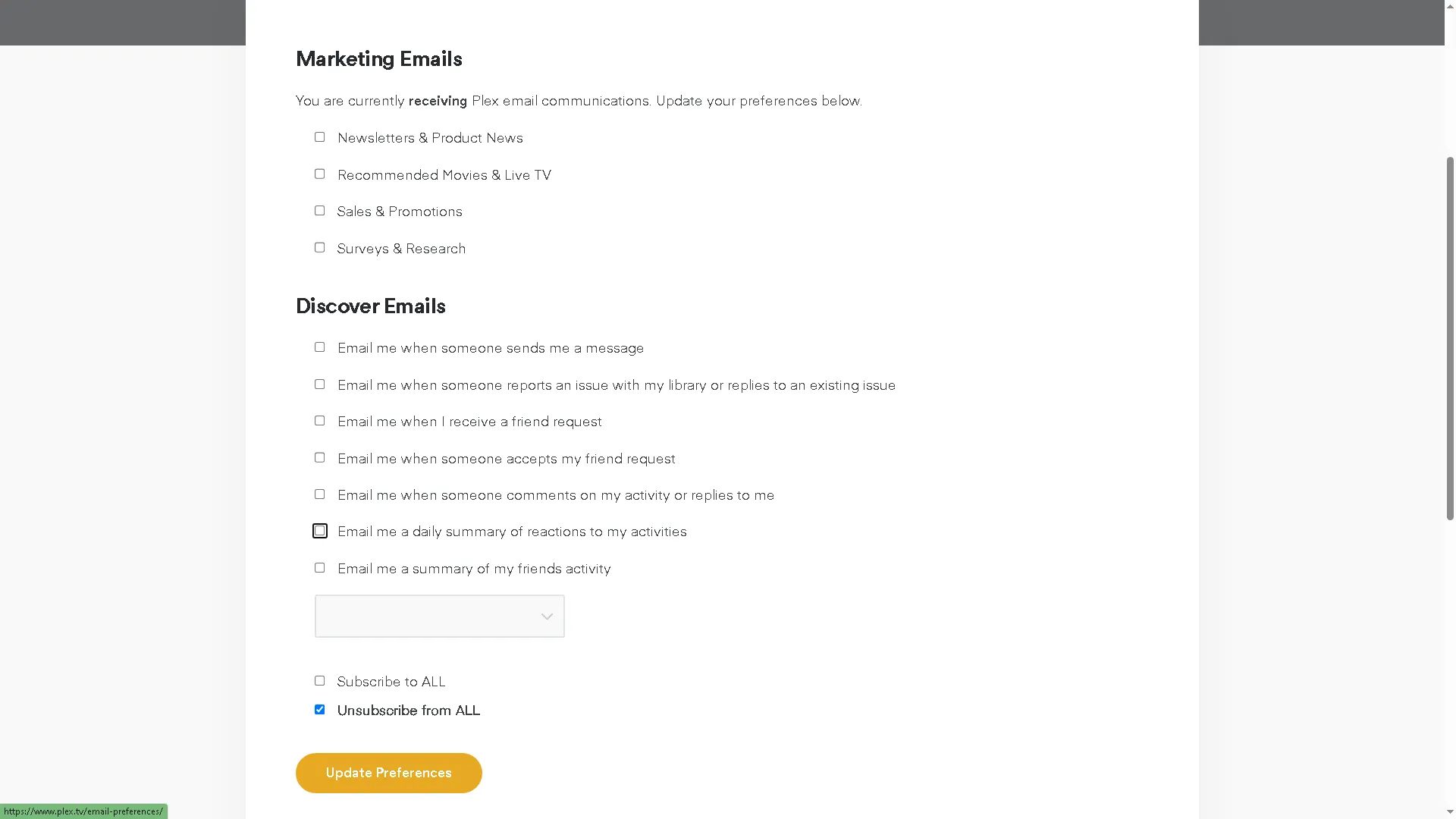 تغيير إعدادات البريد الإلكتروني التسويقي في Plex من قائمة تفضيلات البريد الإلكتروني
