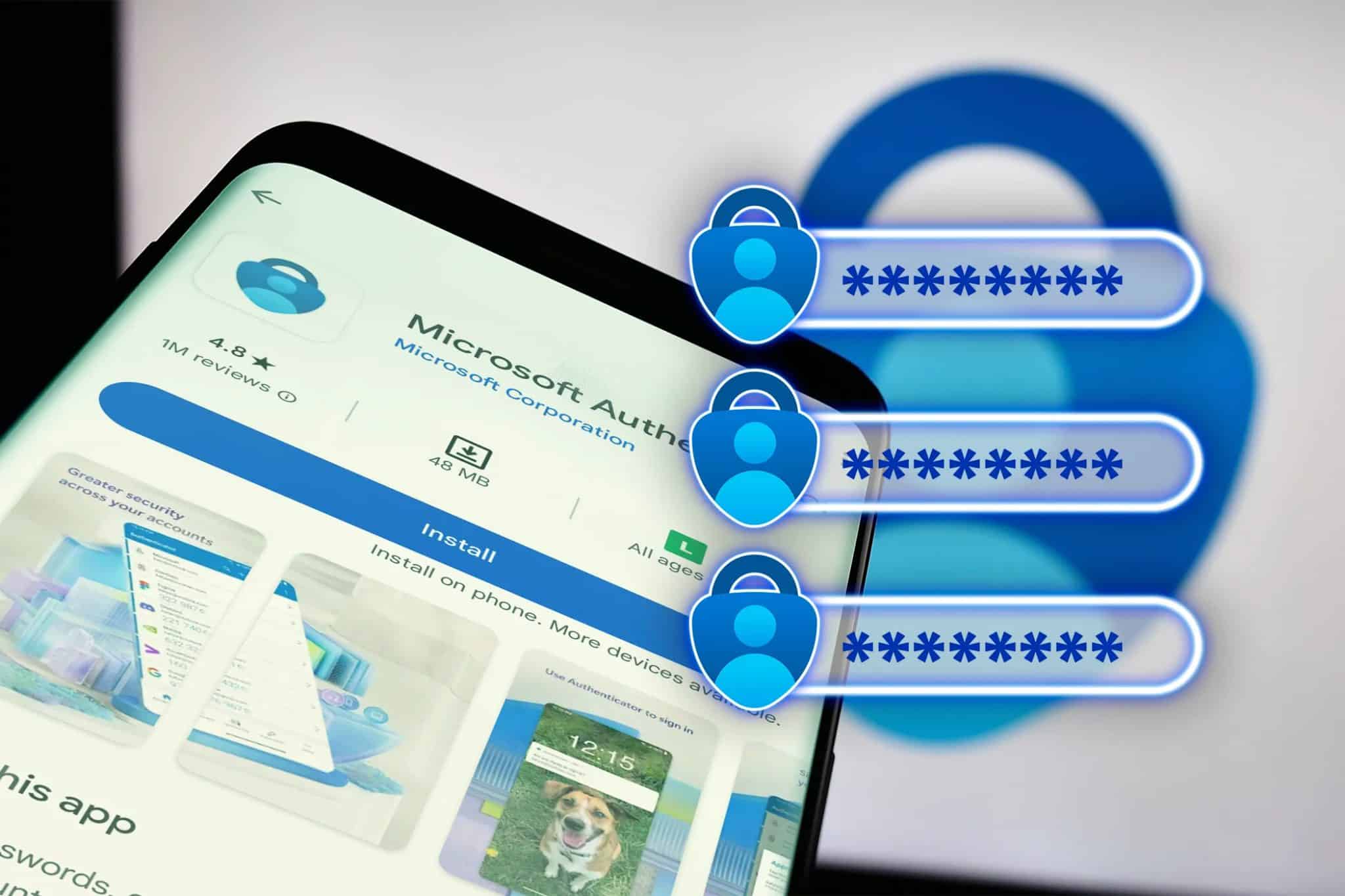 Microsoft Authenticator على شاشة هاتف وبعض كلمات المرور.