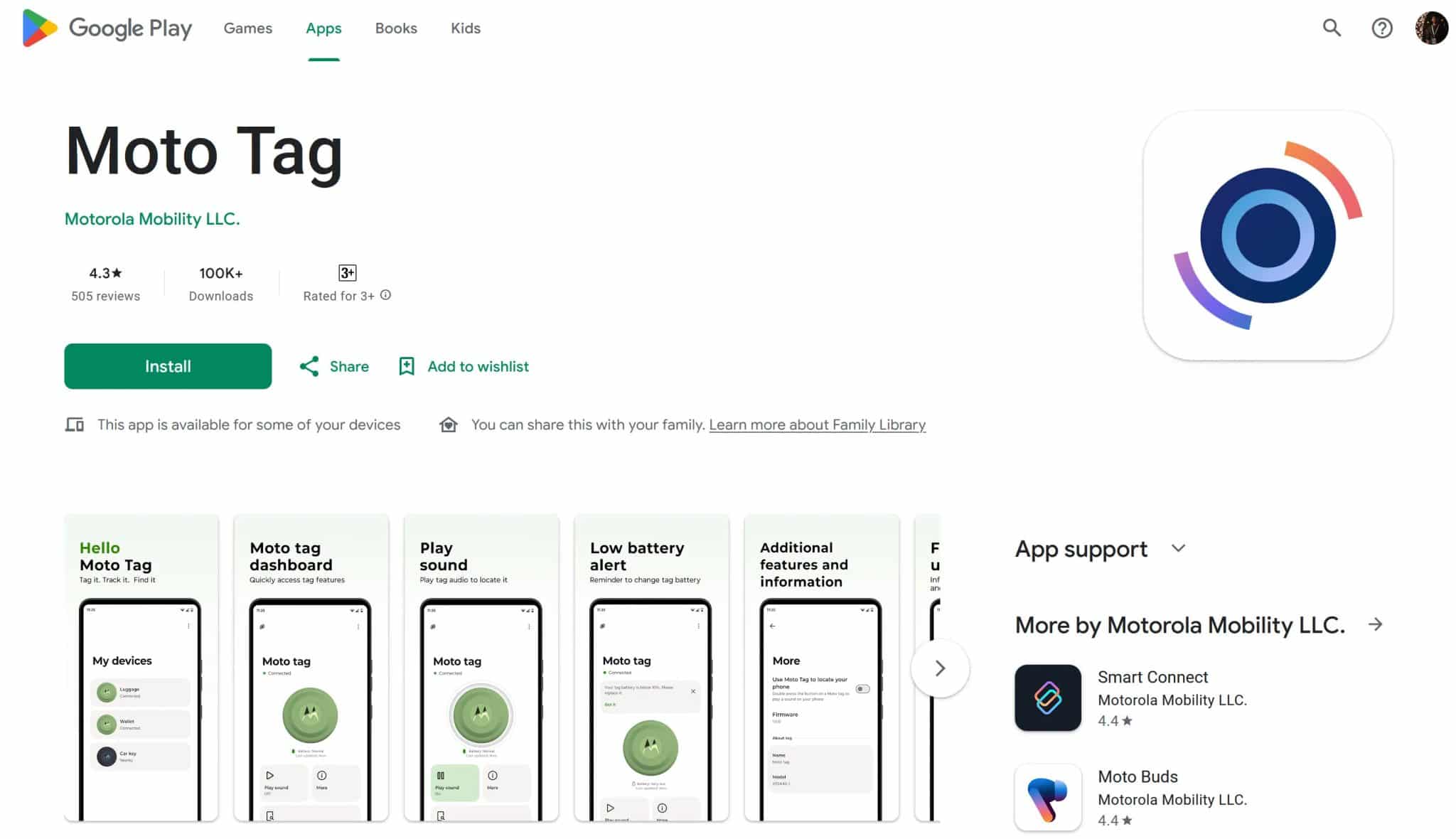 Moto Tag app page on Play Store