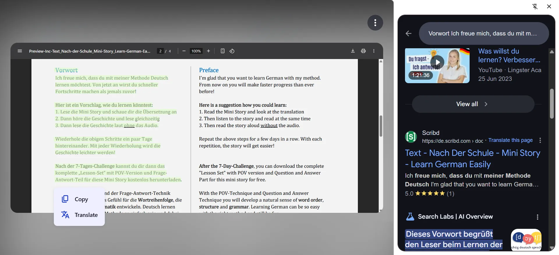 The results of a search on some highlighted text in a PDF in Google Chrome using Google Lens