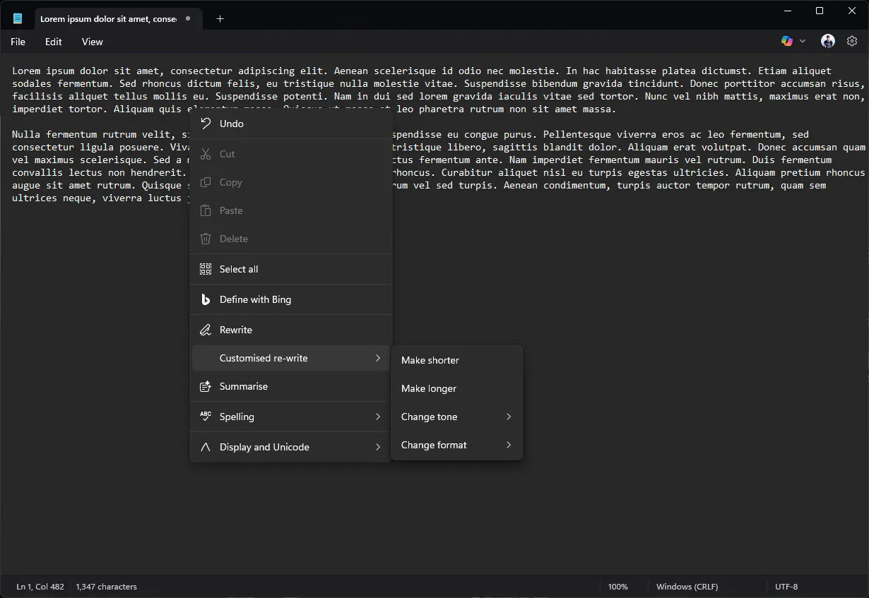 Notepad showing Copilot AI features 