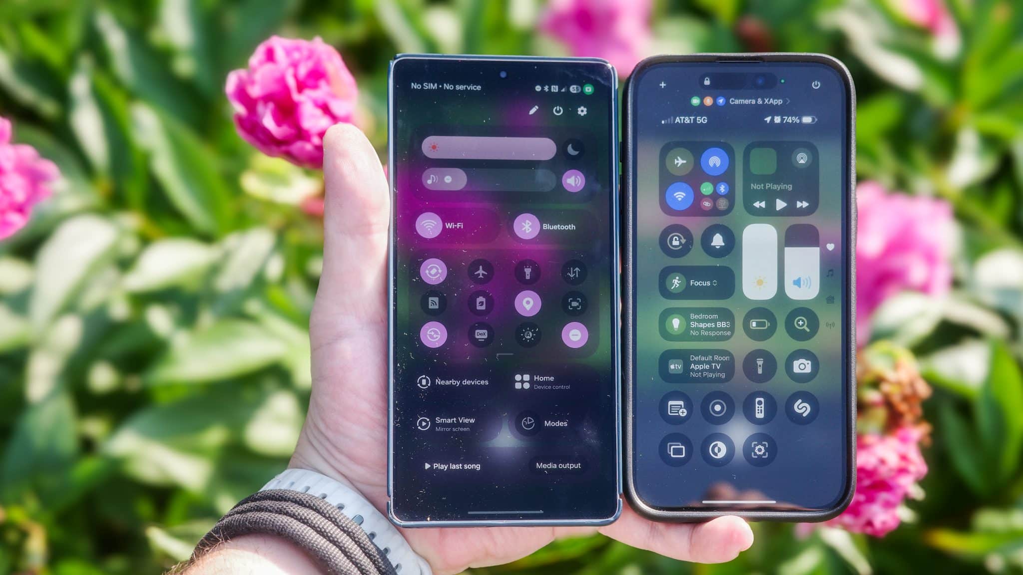 أفضل هواتف الكاميرا تلتقط صورًا لزهور حمراء في ضوء الشمس المباشر، ممسكة بشكل فردي جنبًا إلى جنب