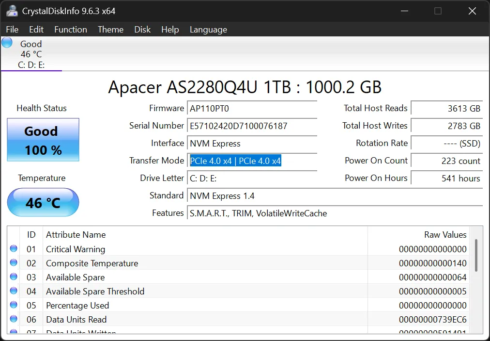 PCIe information of an NVMe SSD highlighted in CrystalDiskInfo.