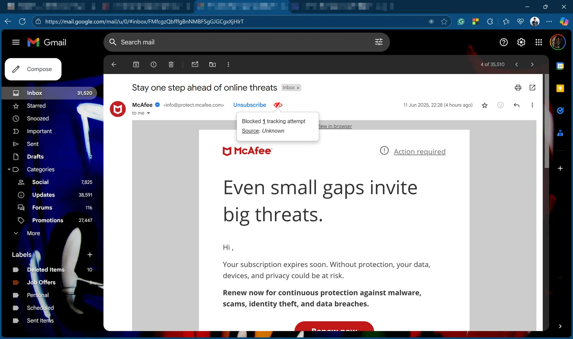 PixelBlock blocking trackers in an email