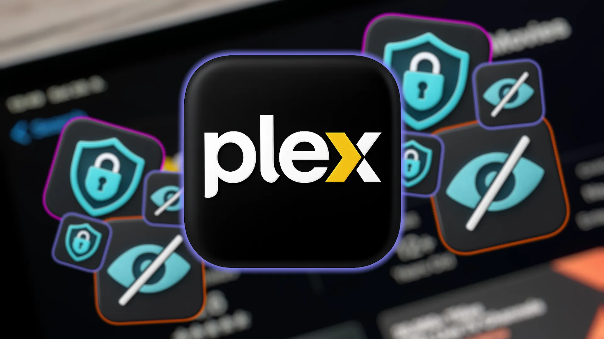 شعار Plex مع مربعات شعارات الخصوصية والأمان.