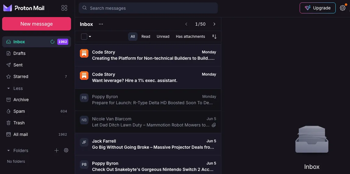 Proton Mail inbox view on web