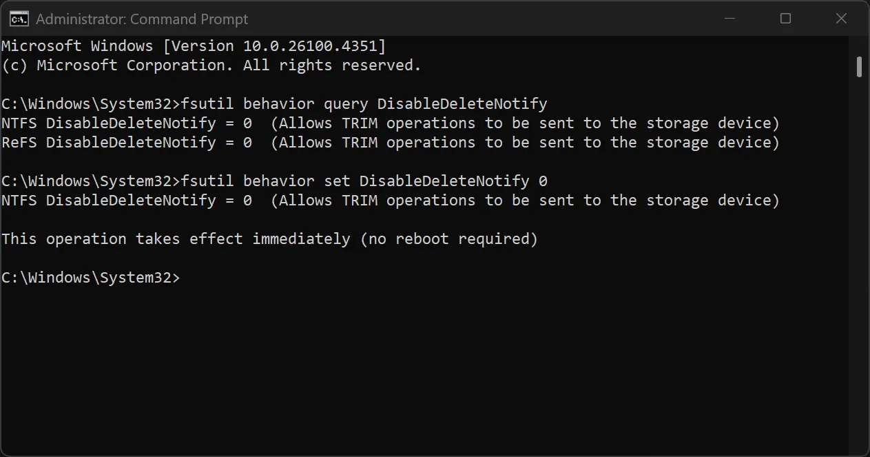 Query in administrator command prompt to check TRIM status.