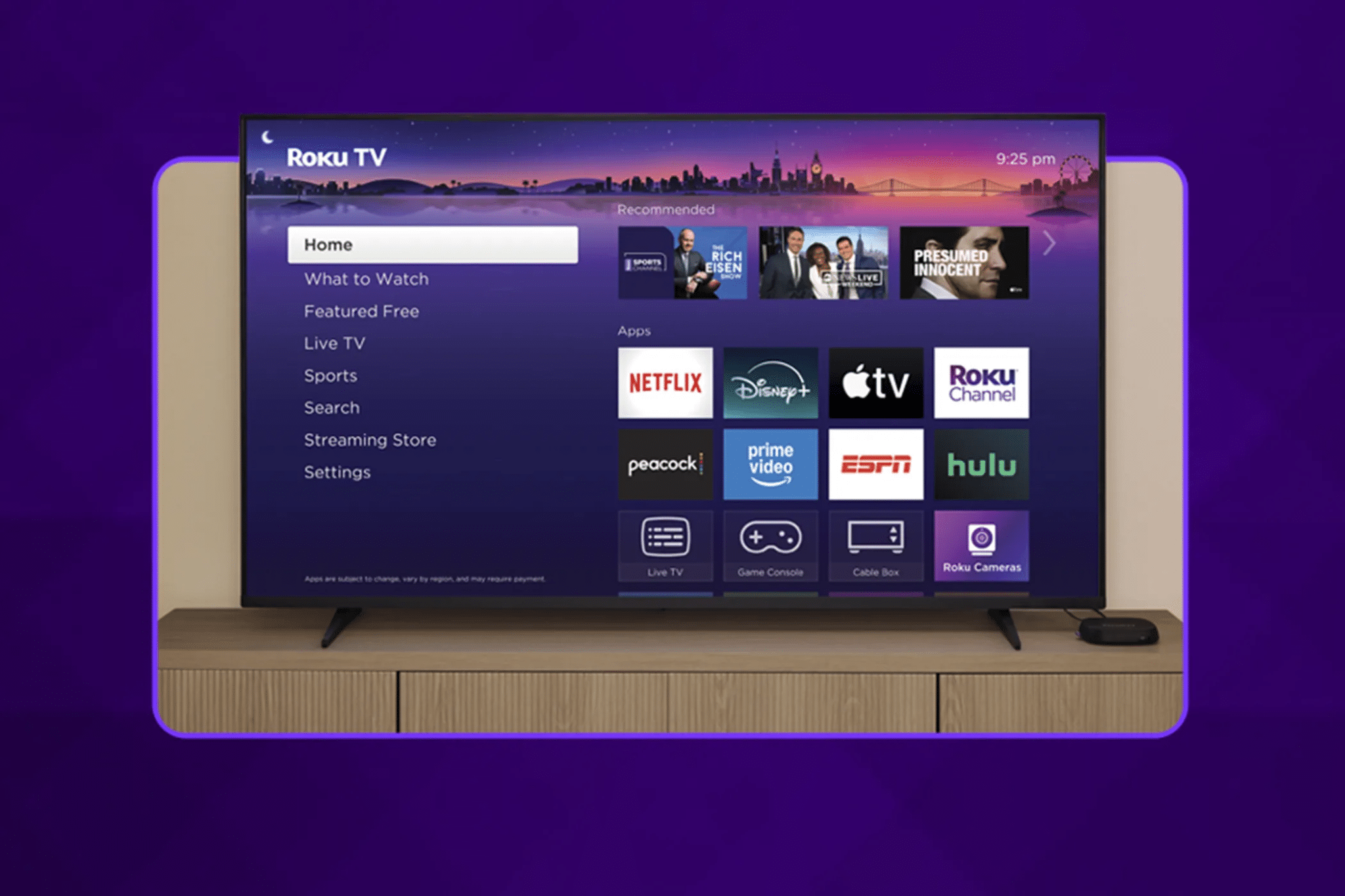 A purple rectangle containing an updated RokuTV home page