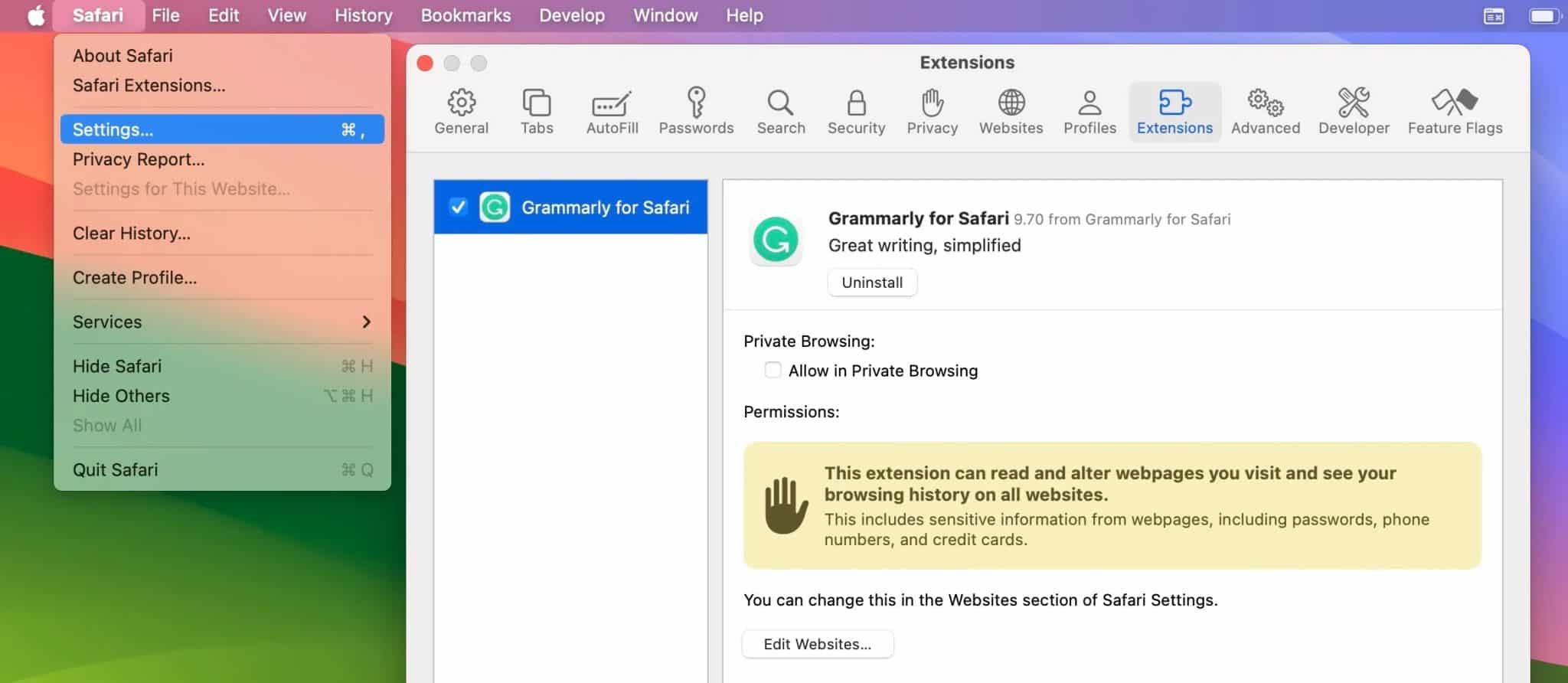 Safari settings menu showing the Extensions tab