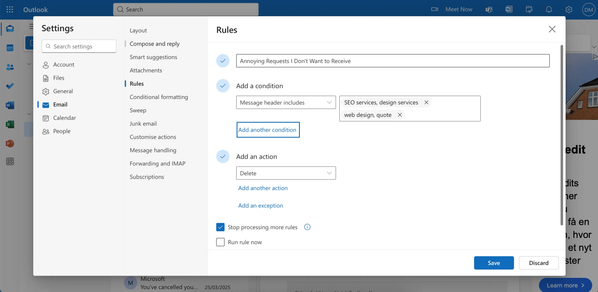 Creating rules in Outlook