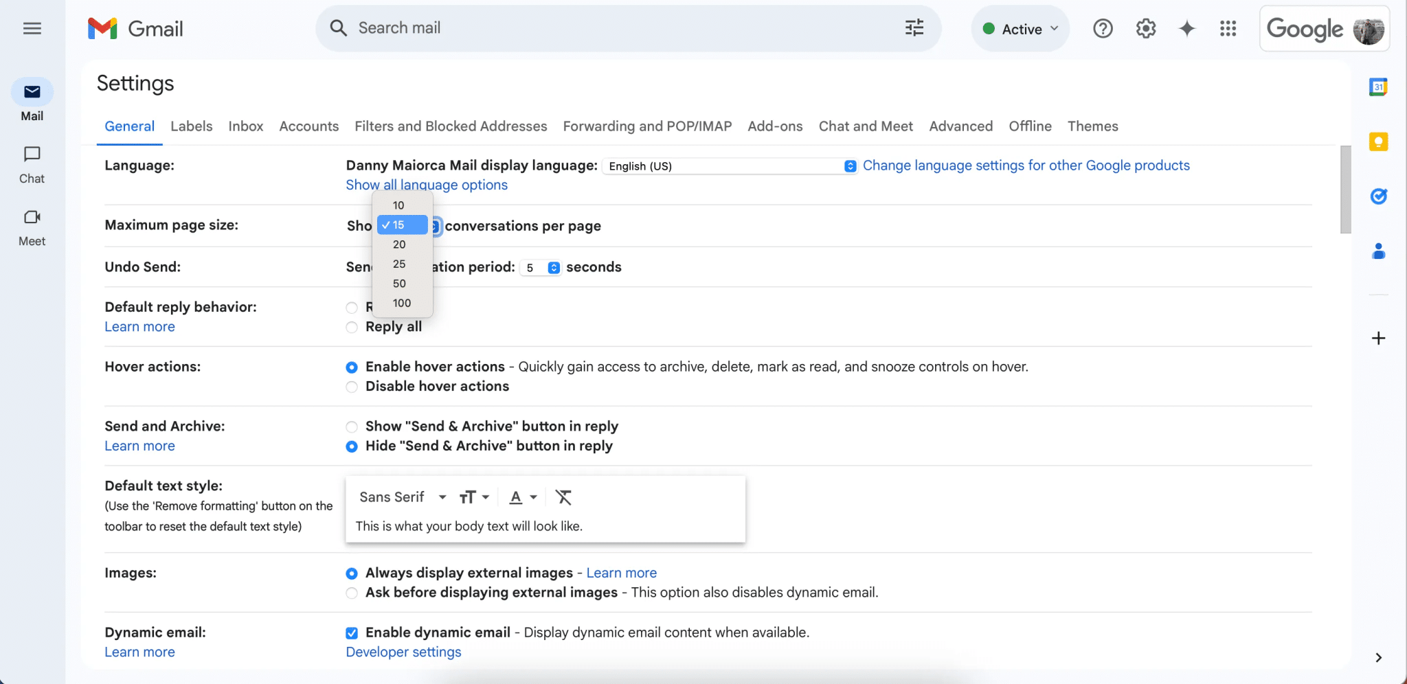 تغيير عدد المحادثات في الصفحة الأولى في Gmail