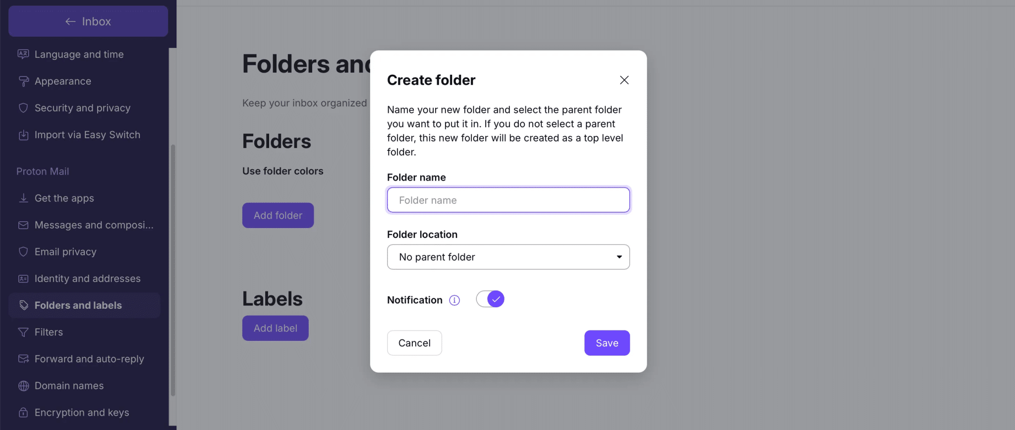 تصميم مجلد في تطبيق Proton Mail